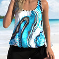 Blue tie-dyed floral two-piece women's swimsuit with briefs shorts, shown in sizes 1XL to 5XL.