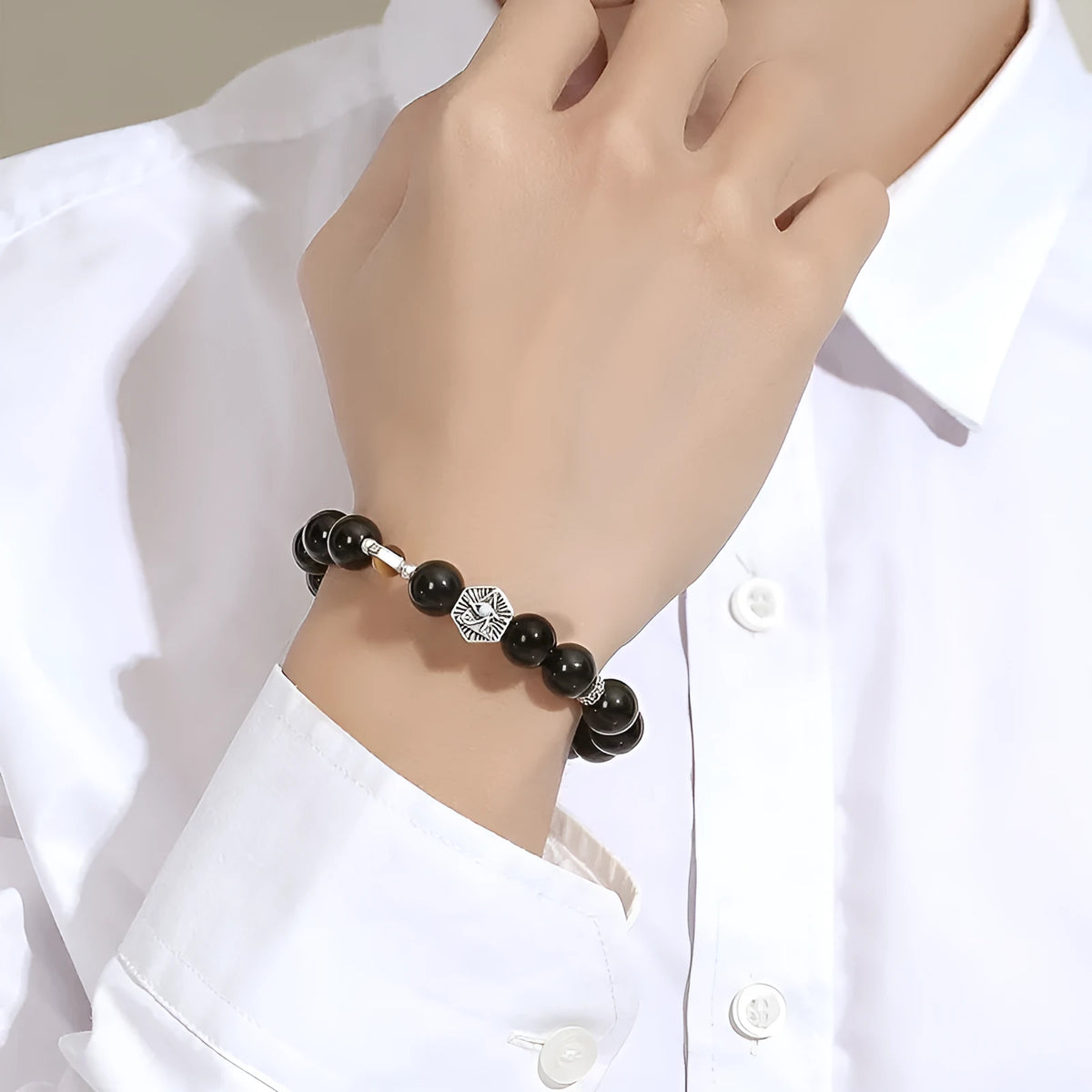 Men's retro geometric bracelet with S925 silver setting and 8mm tigereye God's Eye obsidian stone.