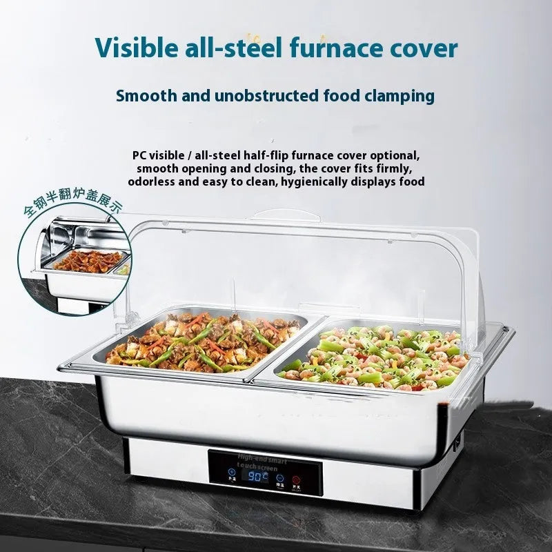 Stainless steel electric buffet stove with transparent flip lid showing food inside and LCD temperature control screen