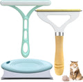 Three-piece pet hair remover set showing a metal lint tool, a silicone brush, and a round carpet scraper.