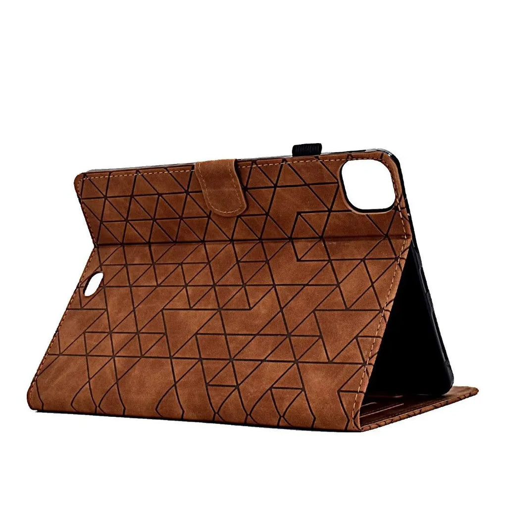 iPad Pro 11 leather folio case with integrated card holder in diamond frosted black finish, showing stand function.