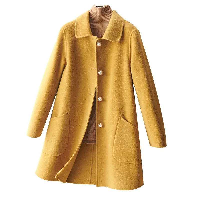 Women's wool double-faced coat with pearl buckle, mid-length, solid colour, long sleeves, black