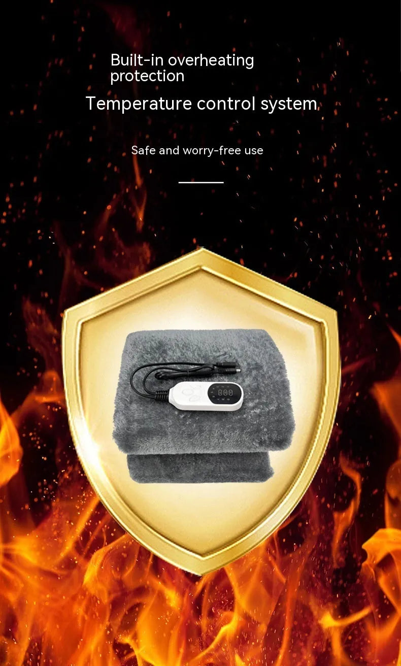 Grey 12V car electric blanket with cigarette lighter plug and temperature control.