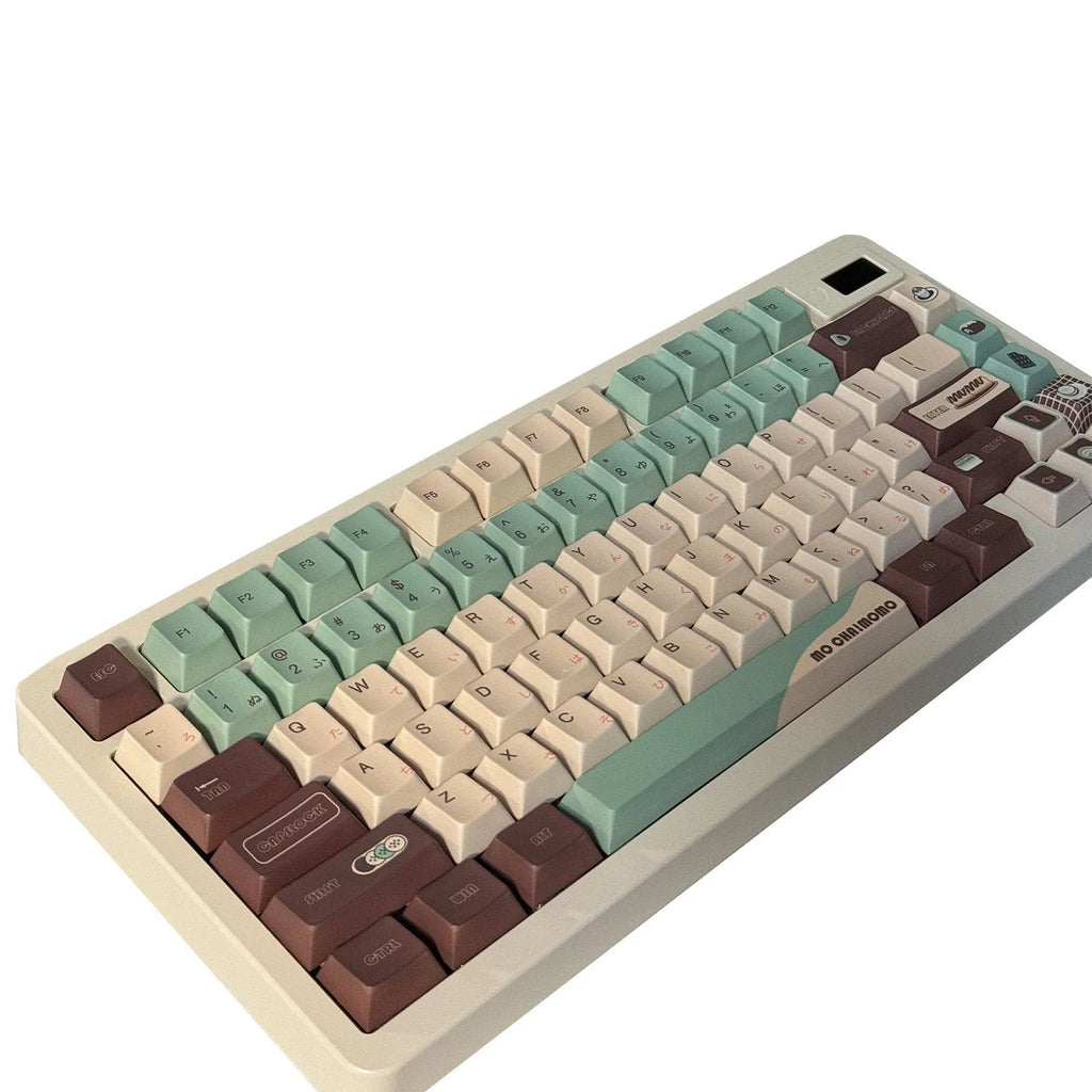 Matcha green mechanical keyboard keycap set with five-sided sublimation printing and key puller tool on a white background.