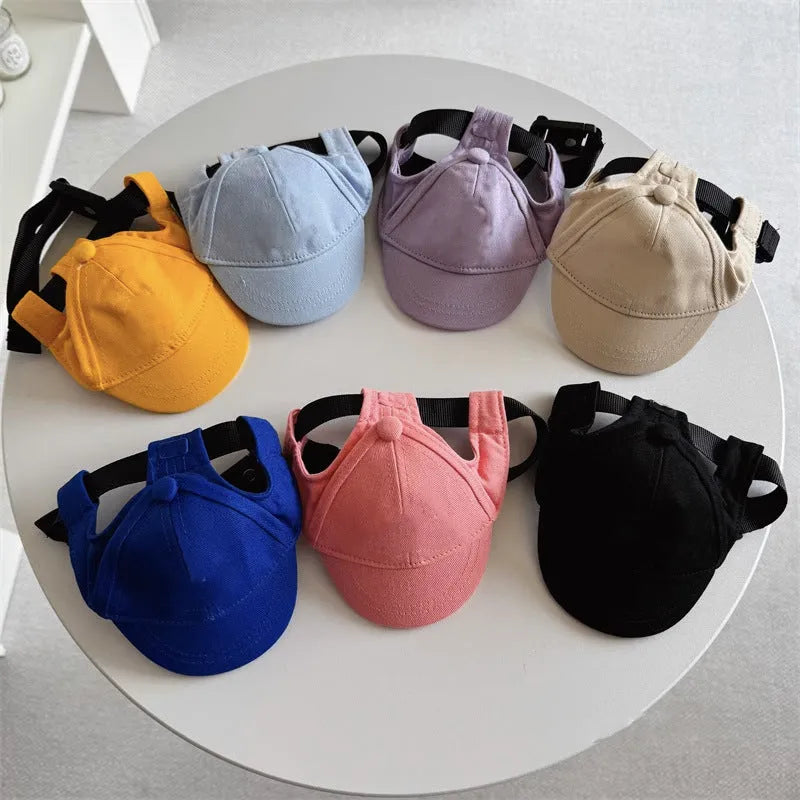 New Adjustable Sun-proof Exposed Ears Pet Hat in apricot cotton baseball cap style on a pet
