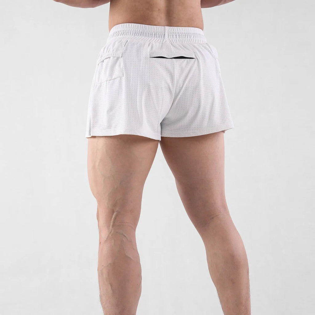 Men's quick-drying nylon summer shorts in white or black with mid-waist design and shorts length