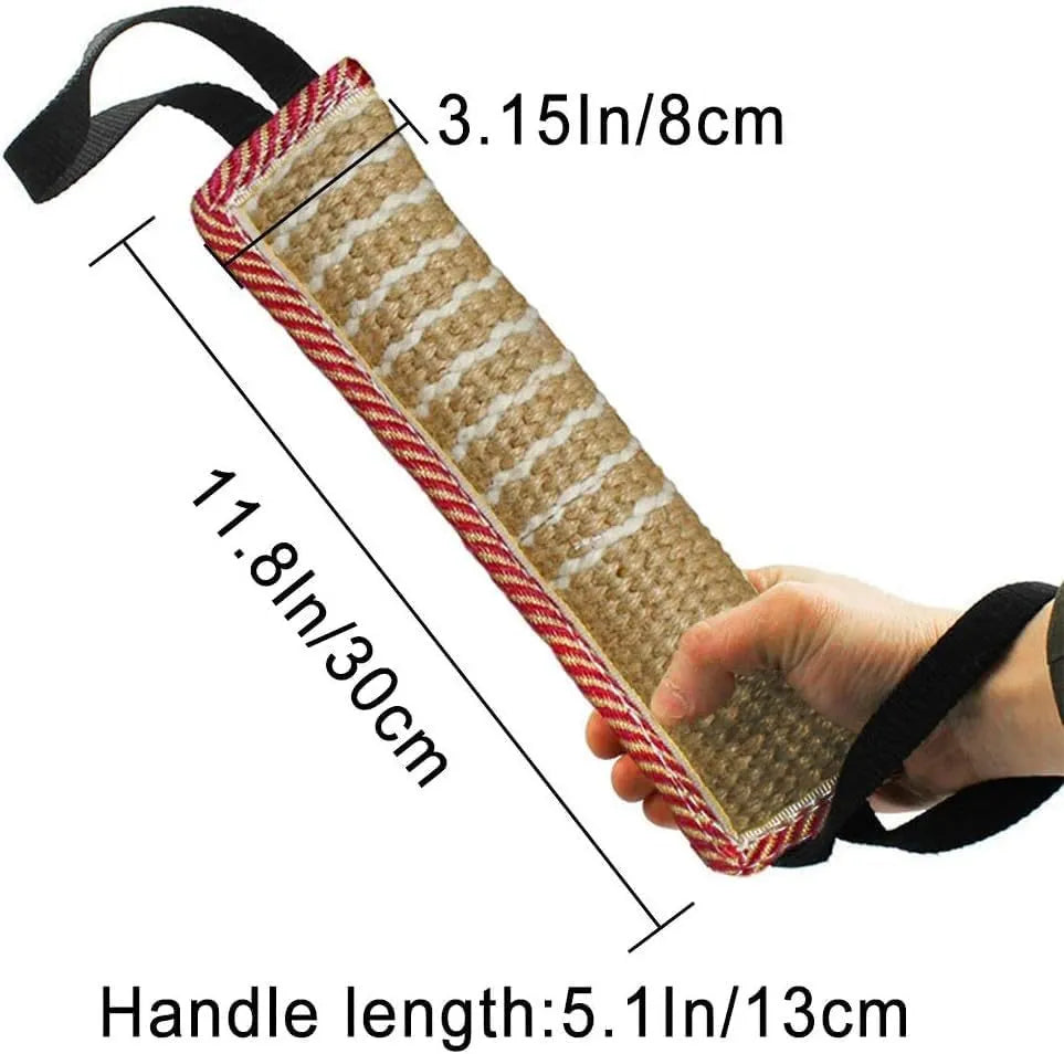 Beige jute dog tug toy with two handles, measuring 30cm long for interactive training