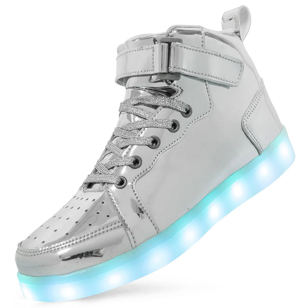 Adult unisex black LED high-top shoes with velcro strap and glowing sole lights.