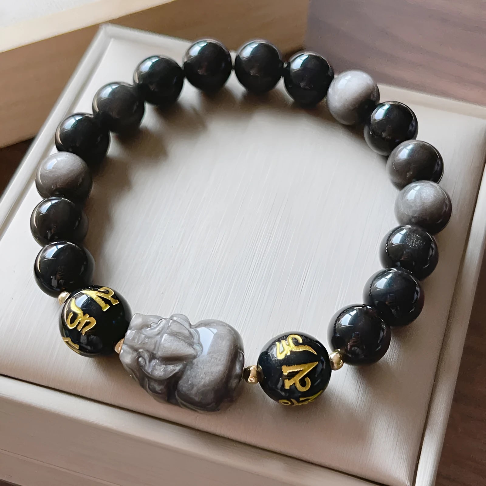 Men's silverstone beaded bracelet with Chinese zodiac motifs and engraved proverbs on adjustable 20cm band