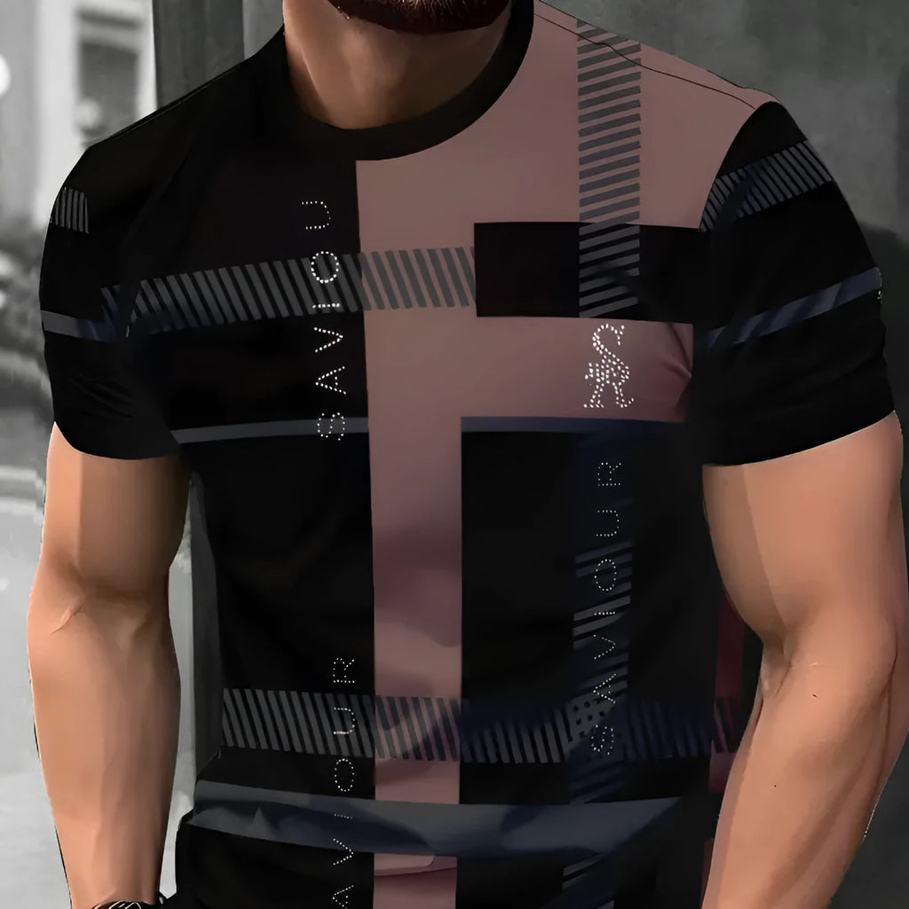Man wearing a loose-fit short-sleeved T-shirt with a digital 3D printed striped pattern.
