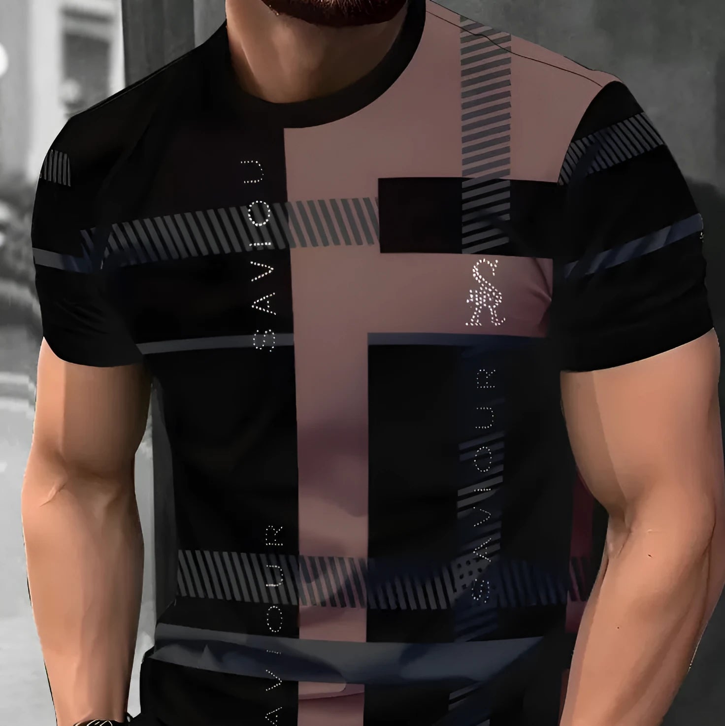 Man wearing a loose-fit short-sleeved T-shirt with a digital 3D printed striped pattern.