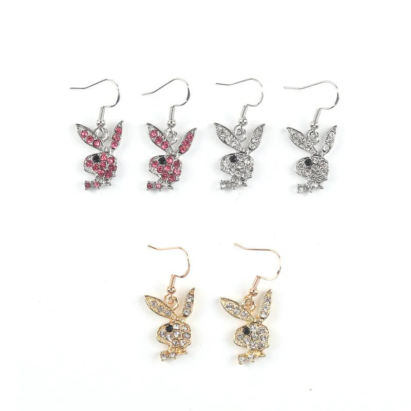 Gold, pink, and silver alloy rabbit stud earrings with cartoon and constellation designs