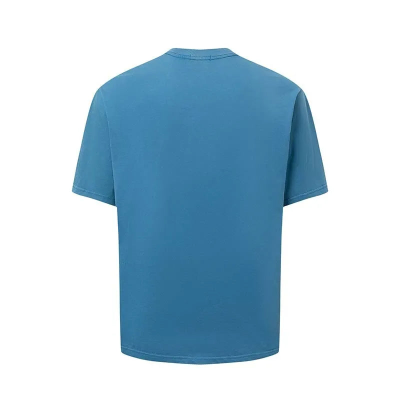 Men's loose blue t-shirt with American-style white letter print on the front.