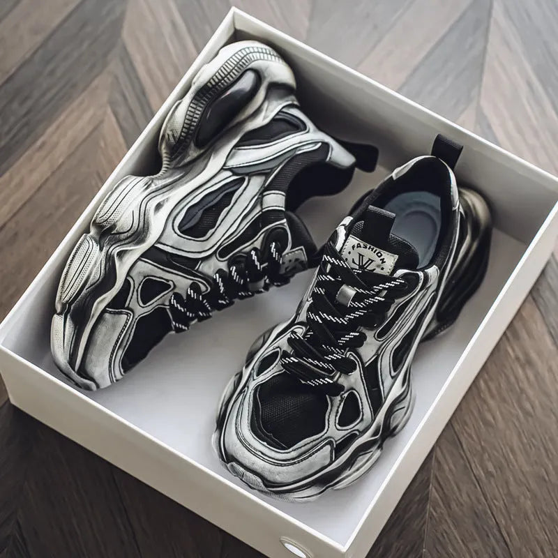 Men's black mesh sports sneakers with platform soles and lace-up front