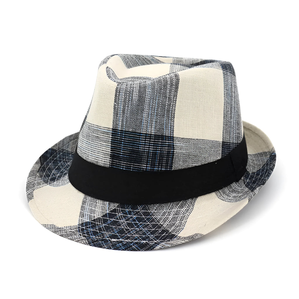 A black or blue polyester straw-style sun hat with a bell crown and medium brim on a neutral background.