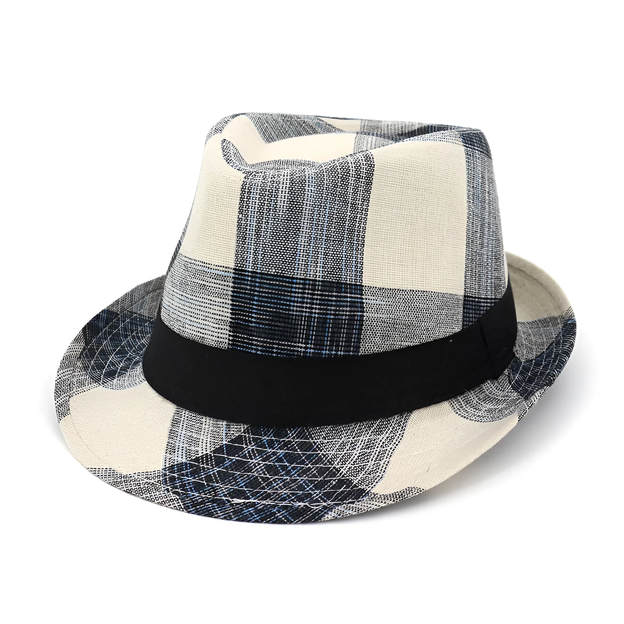 A black or blue polyester straw-style sun hat with a bell crown and medium brim on a neutral background.