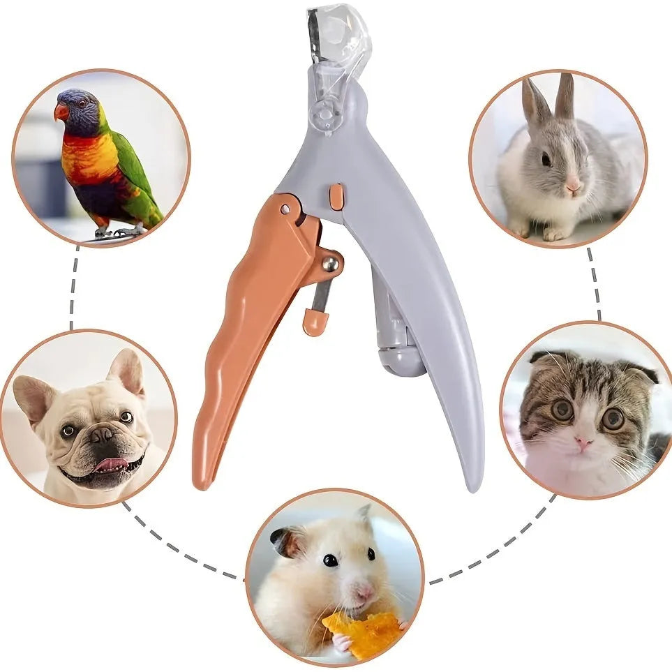 Yellow LED pet nail trimmer with magnifying glass and light on, for trimming cat and dog claws.