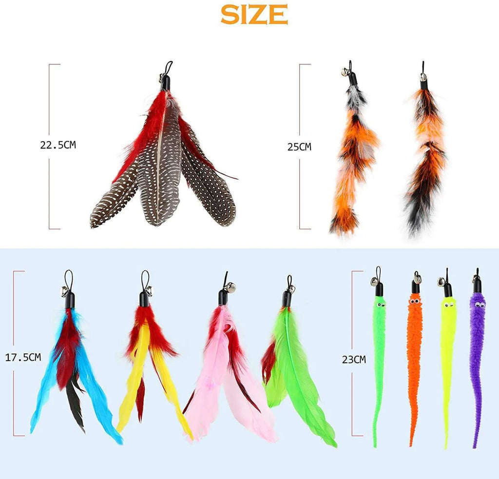 Cat teasing pole set with two fishing rods and ten feather replacement heads