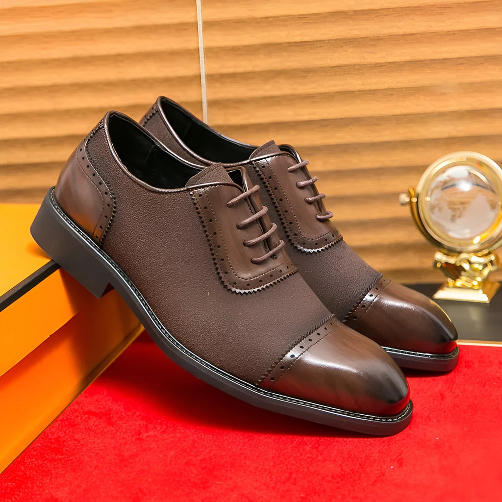 Men's thick-soled raised round toe lace-up business leather shoes in black with PU upper and rubber sole