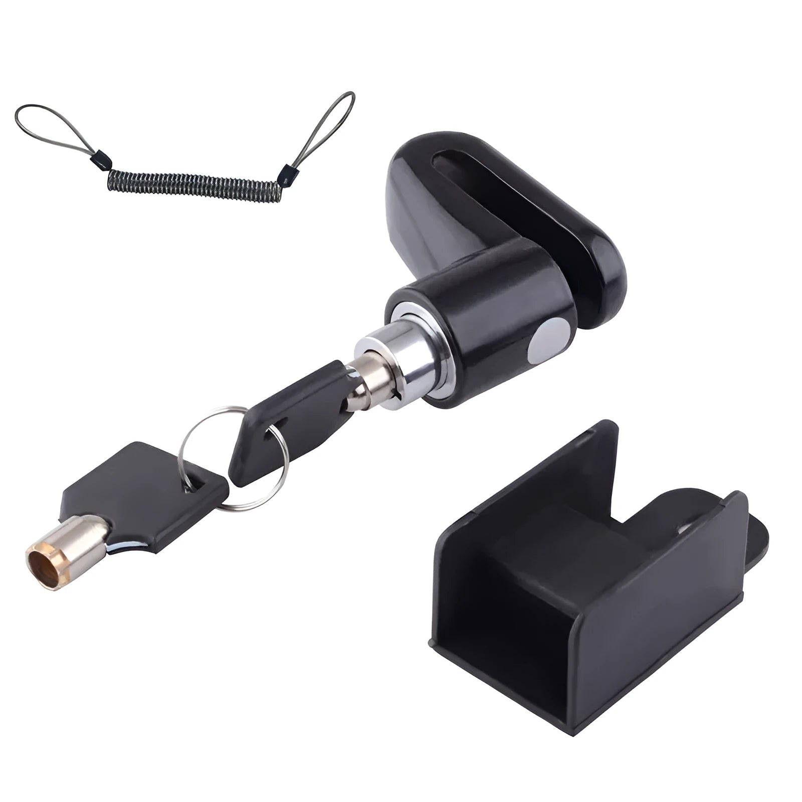 Black iron disc brake lock with red reminder rope attached, placed on a bicycle disc rotor for security