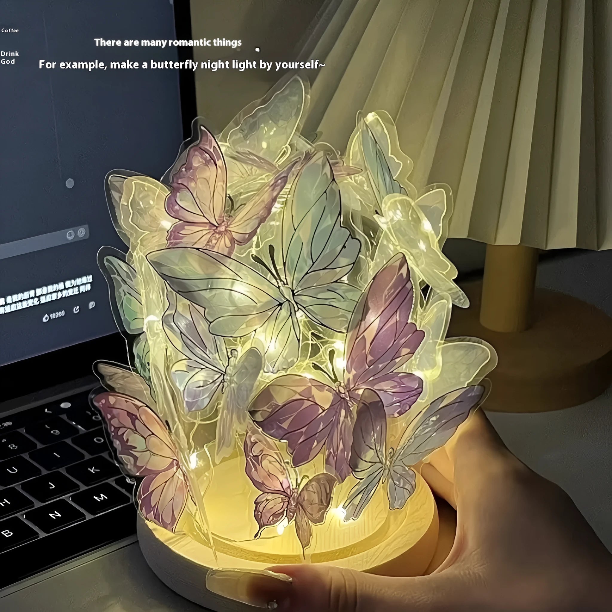 Butterfly shaped night lamp with glass shade on raw wood base measuring 12x15cm