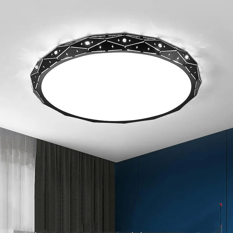 Round LED ceiling light with black iron frame and dimmable lighting options