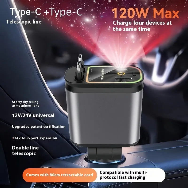 120W four-in-one telescopic car charger with starry sky spotlight and 80cm retractable cable