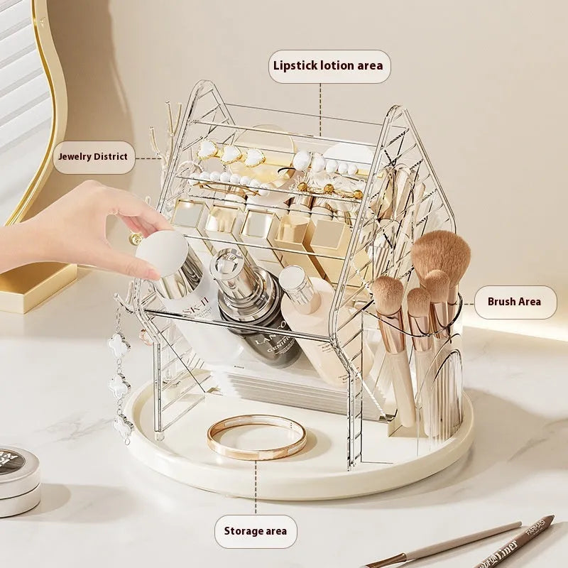 Plastic rotating cosmetics storage box with 360-degree turn in clear or amber gold colour