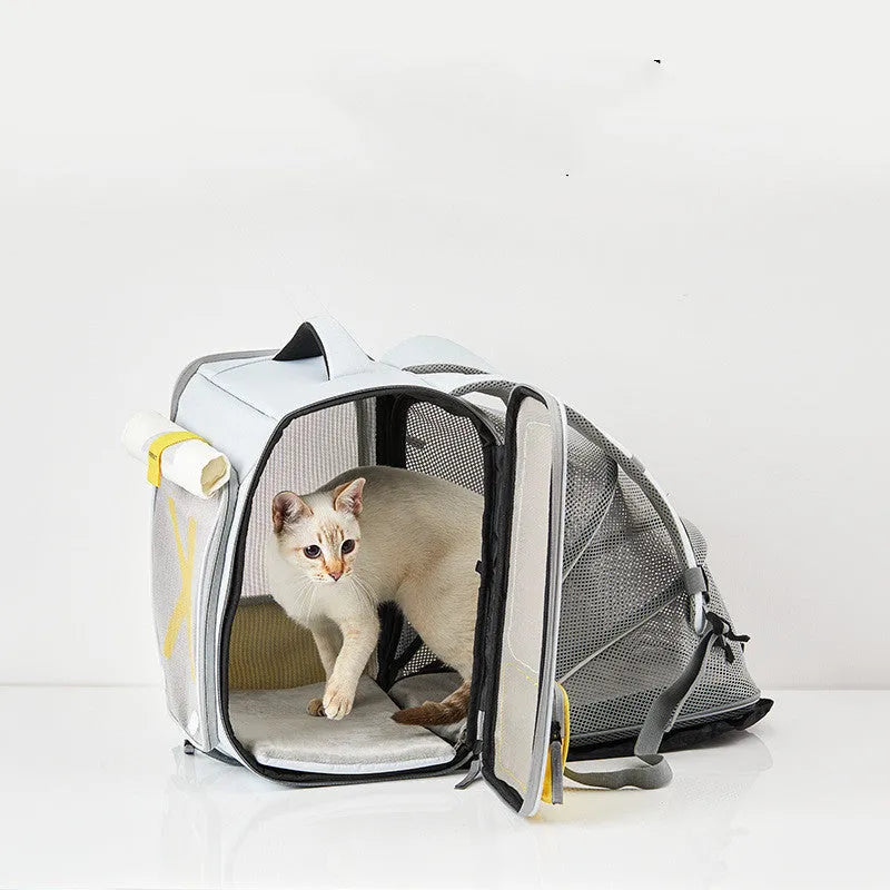 Portable pet space capsule backpack in polyester, expandable tent design, blue or grey, sizes 330x330x450mm and 350x560x430mm
