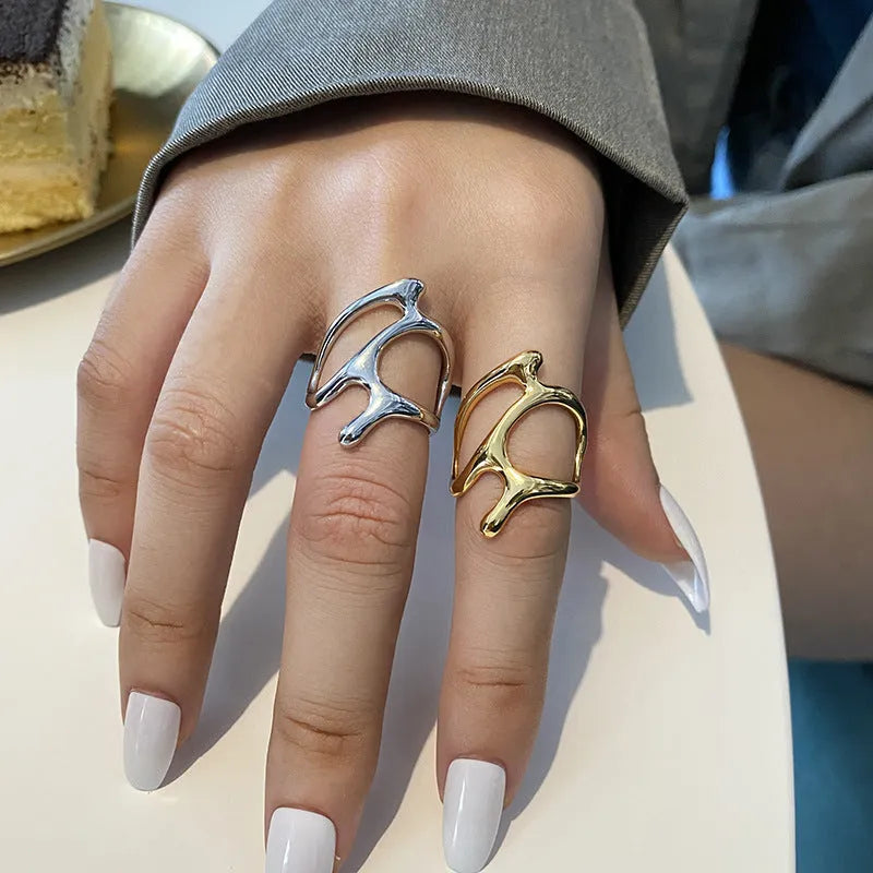 Silver plated adjustable ring for women in gold colour with open band
