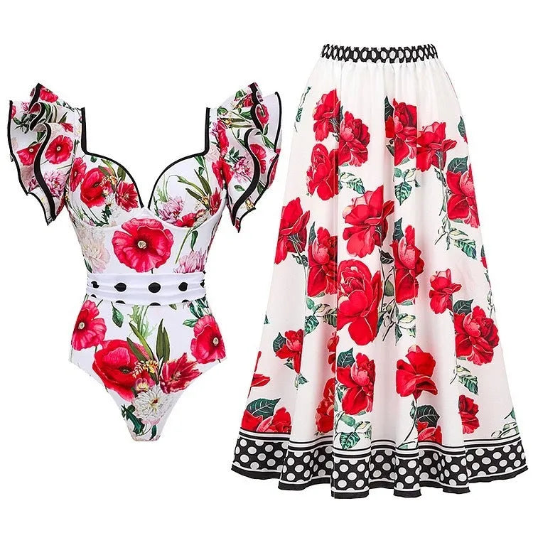 Women's floral print one-piece swimsuit with optional skirt in rose pink, white, blue, or red.