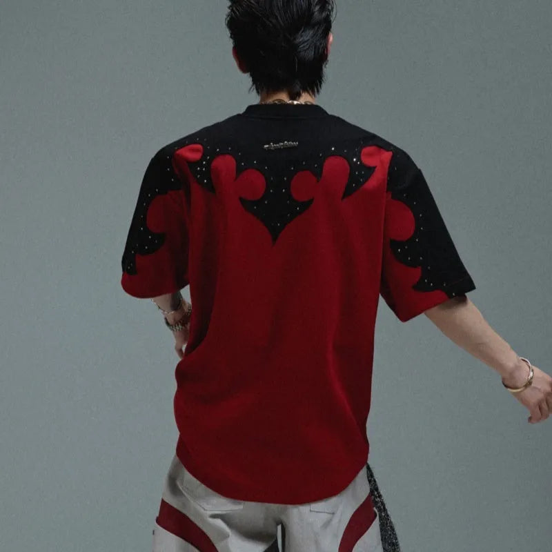 Men's short sleeve cotton shirt with burnt flower embroidery and rhinestone detailing in loose fit drop shoulder design