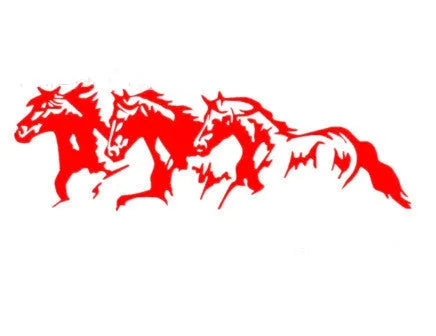Black, white, red, and blue three-horse steed vinyl car decal sticker measuring 25 by 8 centimetres.