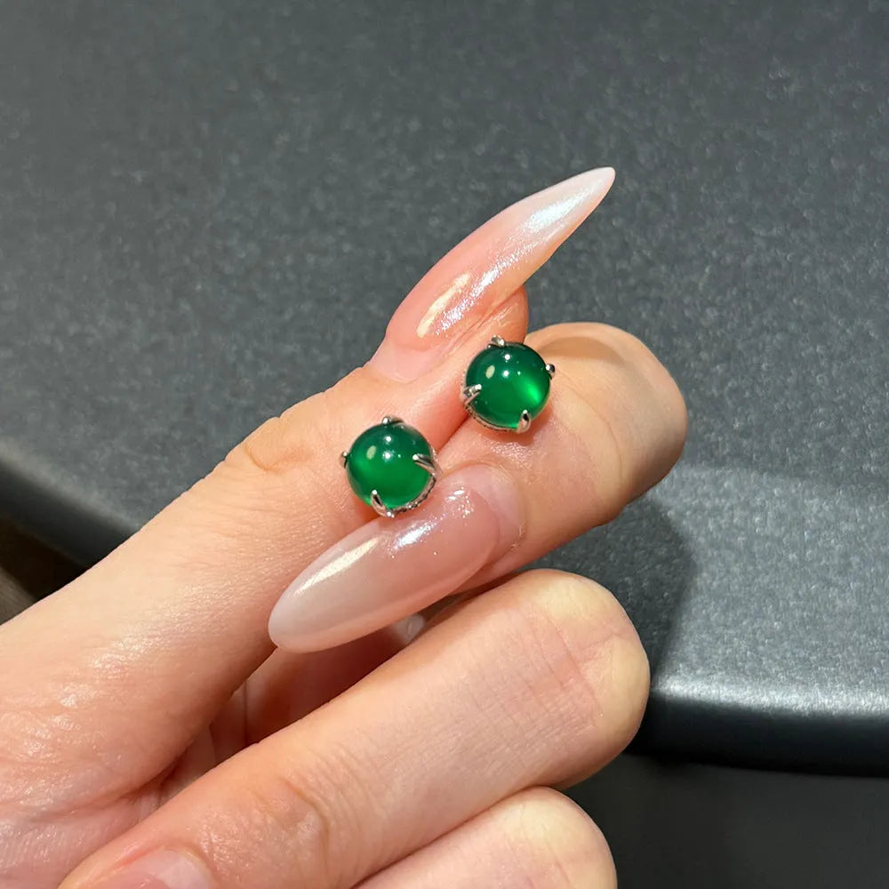 Retro S925 sterling silver green chalcedony stud earrings platinum finish round geometric women's jewellery