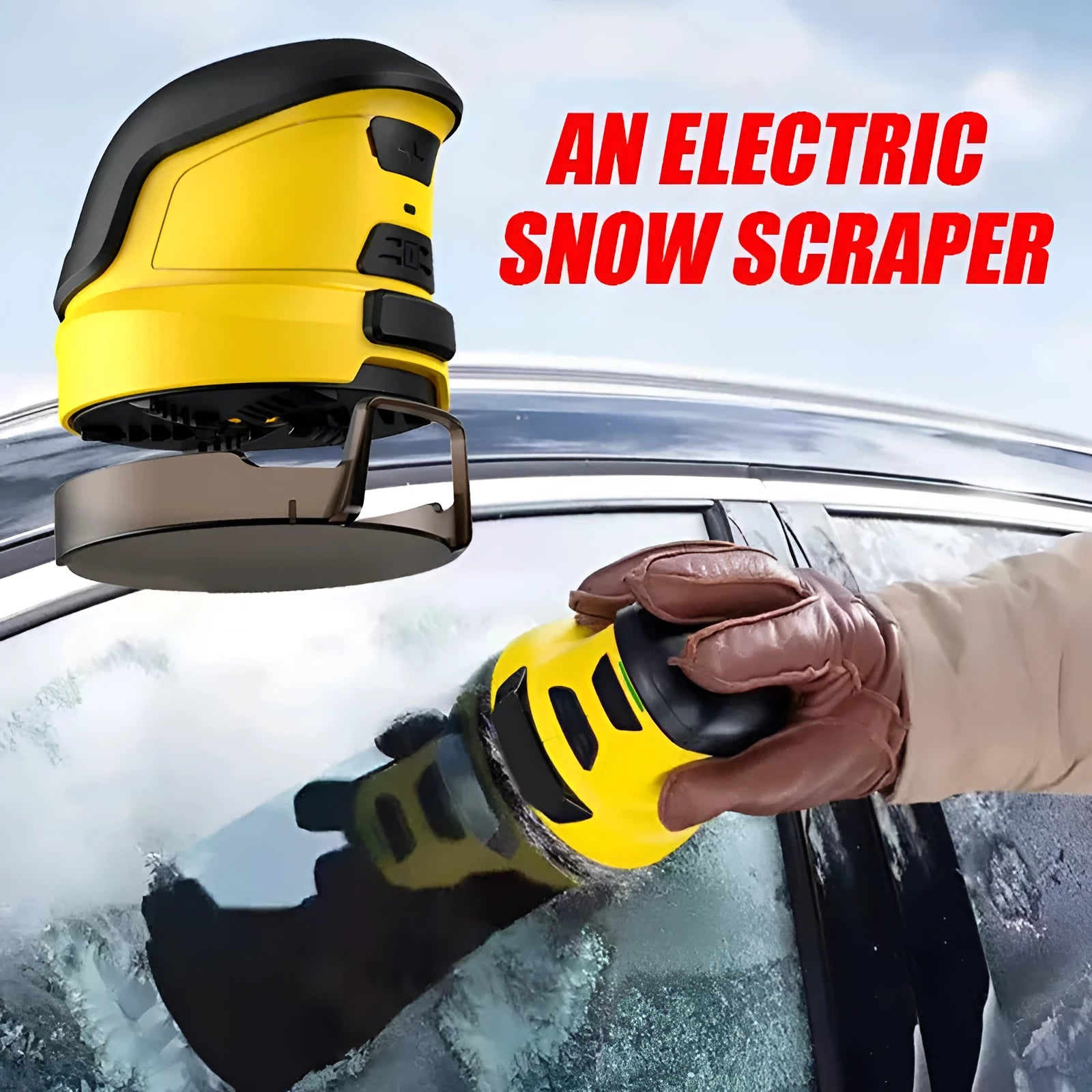 Yellow cordless electric car ice scraper with USB charging cable