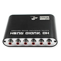 Black DTS Dolby AC-3 audio decoder unit with optical and coaxial inputs on a desk.