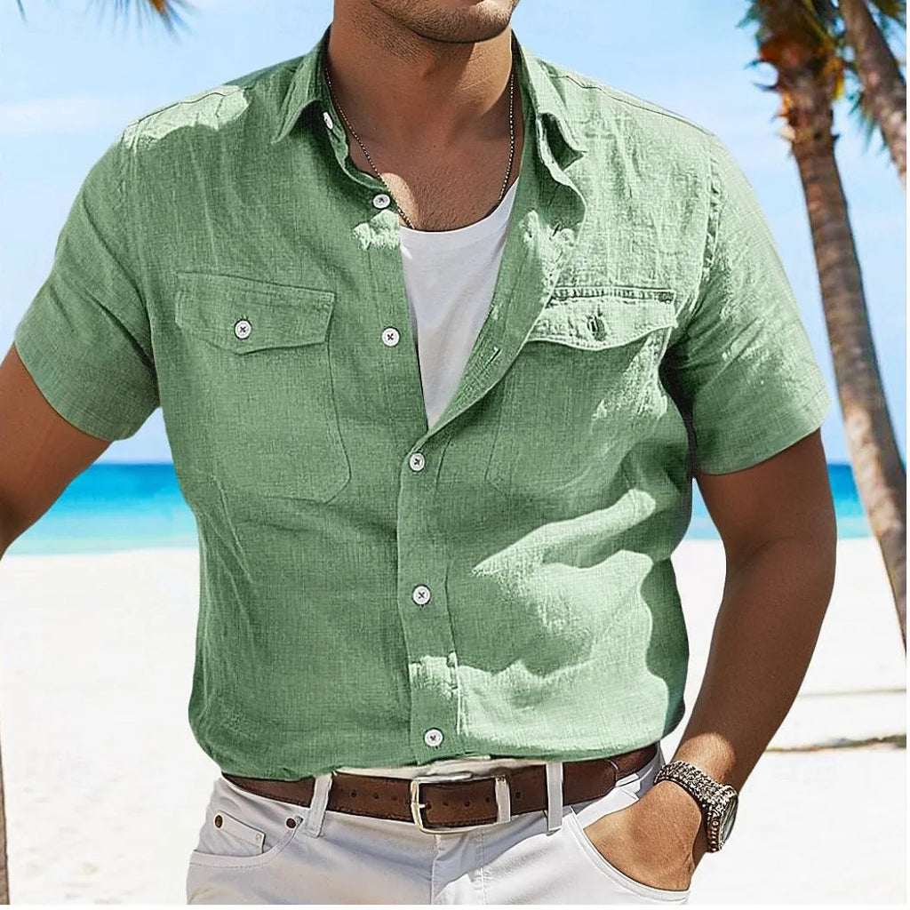 Men's linen cotton summer shirt in loose cardigan style with polo collar in solid colour options