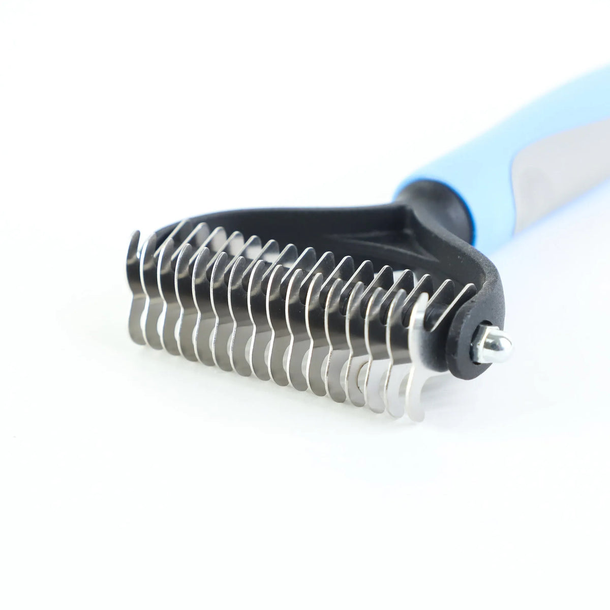 Double-sided stainless pet brush for dogs and cats with button hair removal and non-slip grip, blue or pink