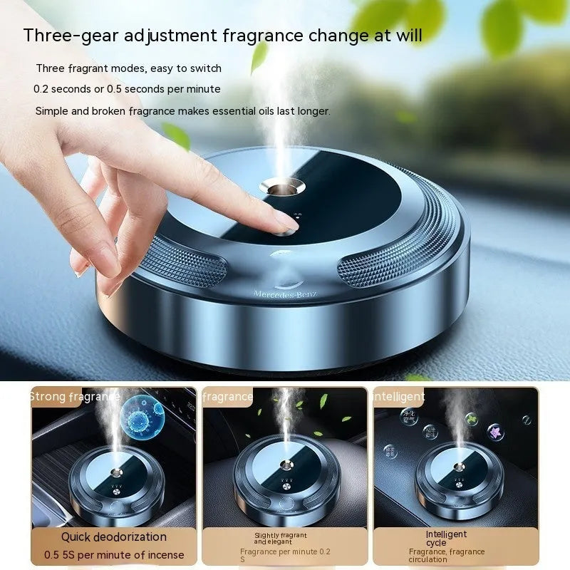 Compact zinc alloy car perfume diffuser with automatic spray function on an anti-slip pad.