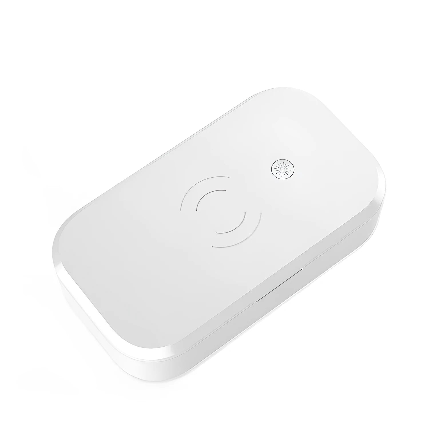 White ultraviolet disinfection box with wireless charging pad for mobile phones and nail tools