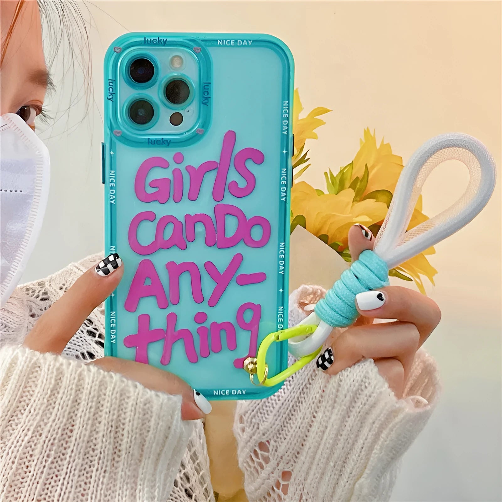 Graffiti personalised TPU phone case for iPhone with detachable blue lanyard, showing blue-haired girl or green crocodile artwork.