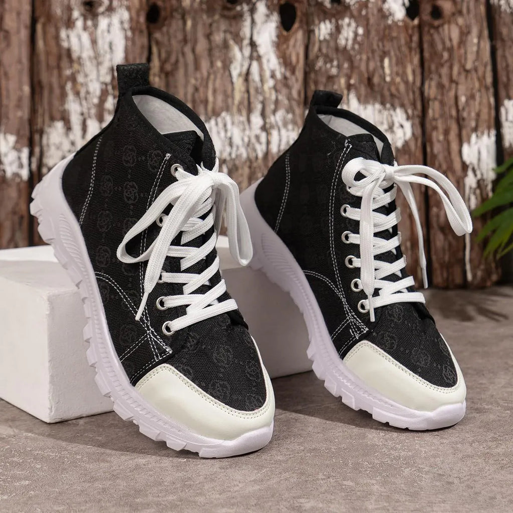 Women's rose print canvas lace-up boots with thick non-slip sole in black, pink, and khaki