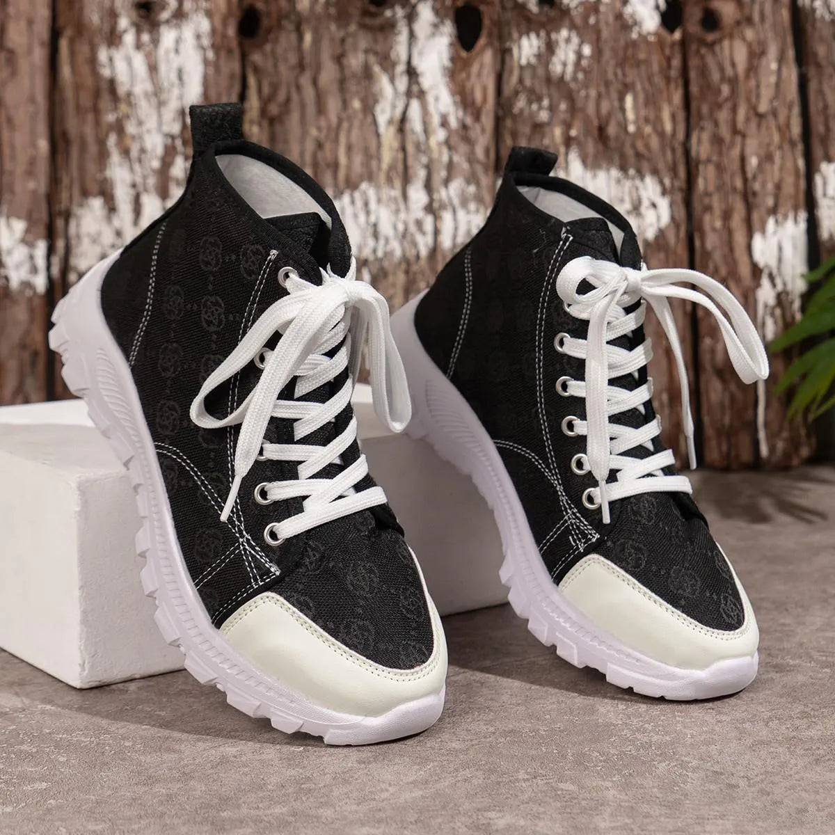Women's rose print canvas lace-up boots with thick non-slip sole in black, pink, and khaki