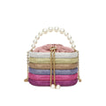 Women's retro style crossbody bag with pearl beading on soft PU material in round dinner bag shape
