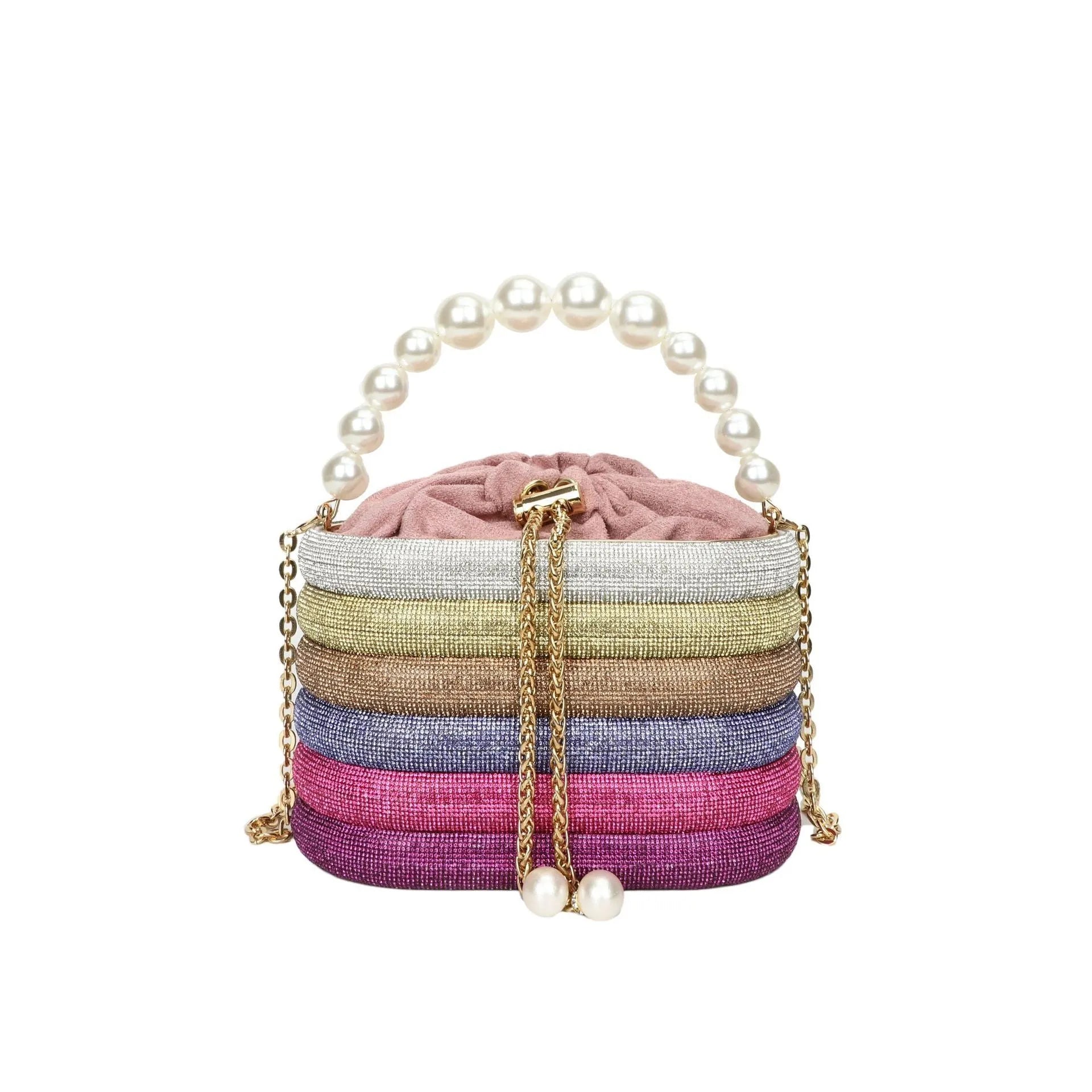 Women's retro style crossbody bag with pearl beading on soft PU material in round dinner bag shape