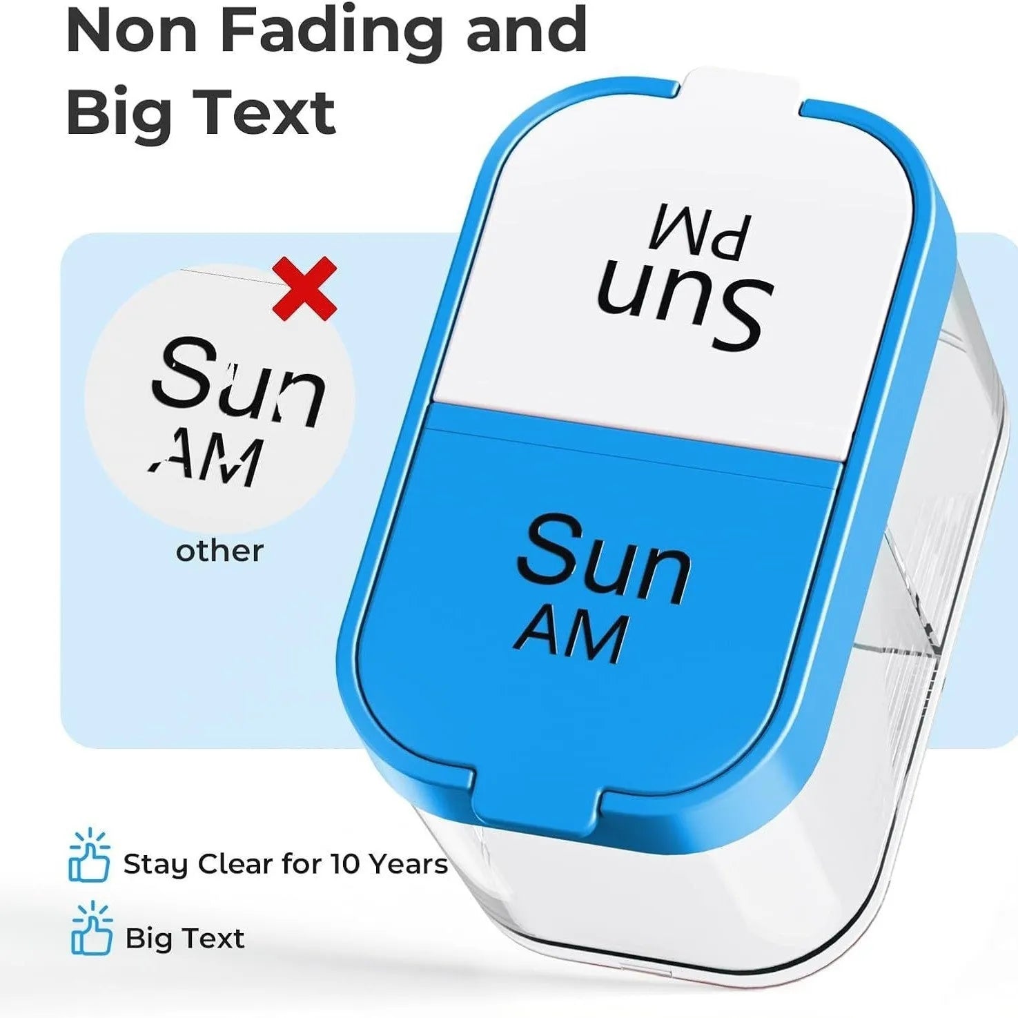 Large white plastic pill organiser box with 14 detachable compartments shown both assembled and separated.