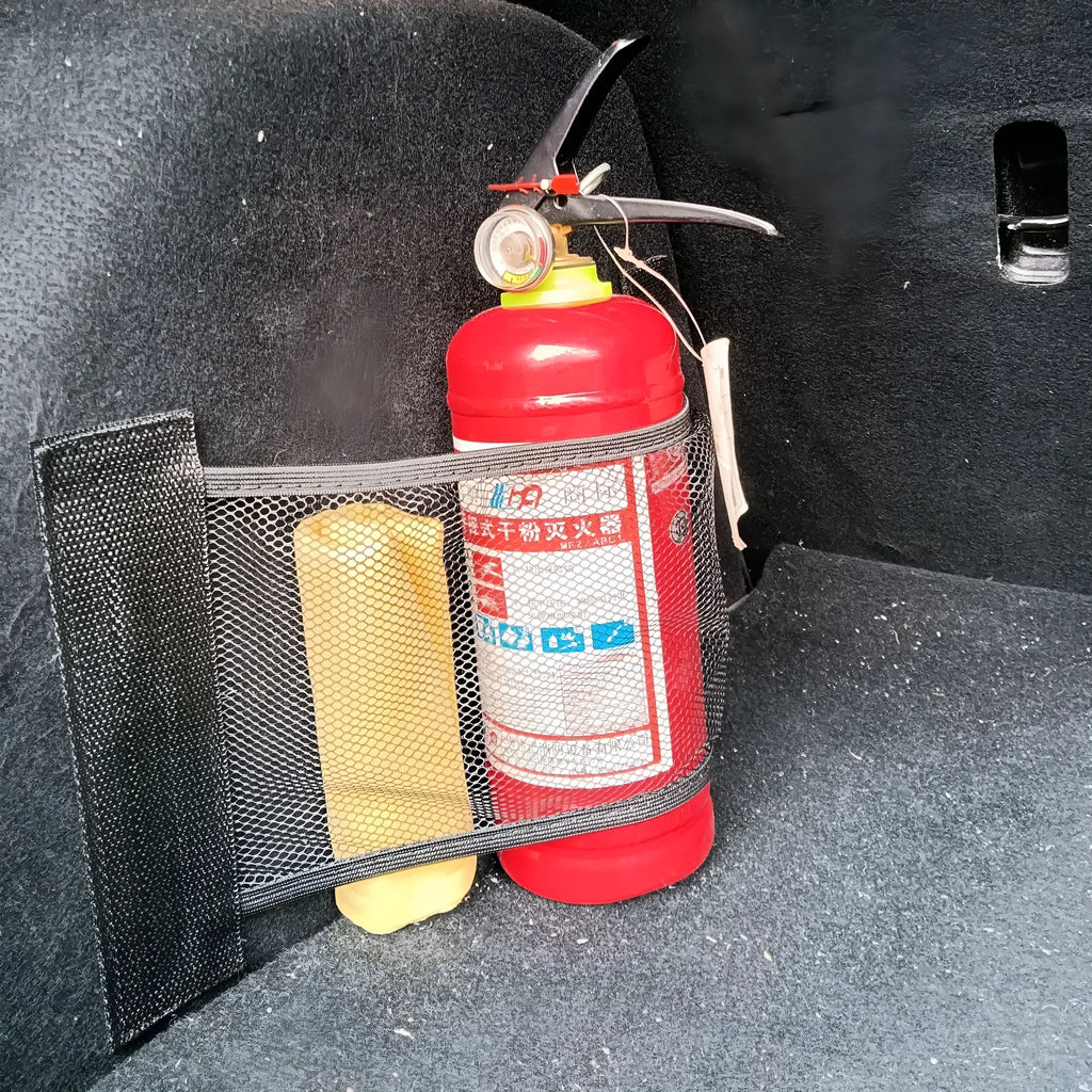 Stretchy polyester car boot storage net with hook and loop fasteners, shown in 20x45cm size.