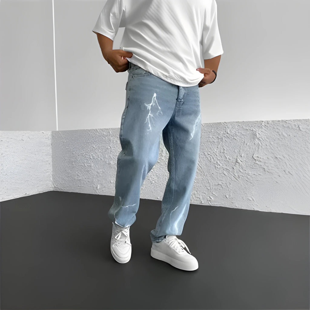 Blue men's straight-leg denim jeans with mid-waist design and zipper fly closure