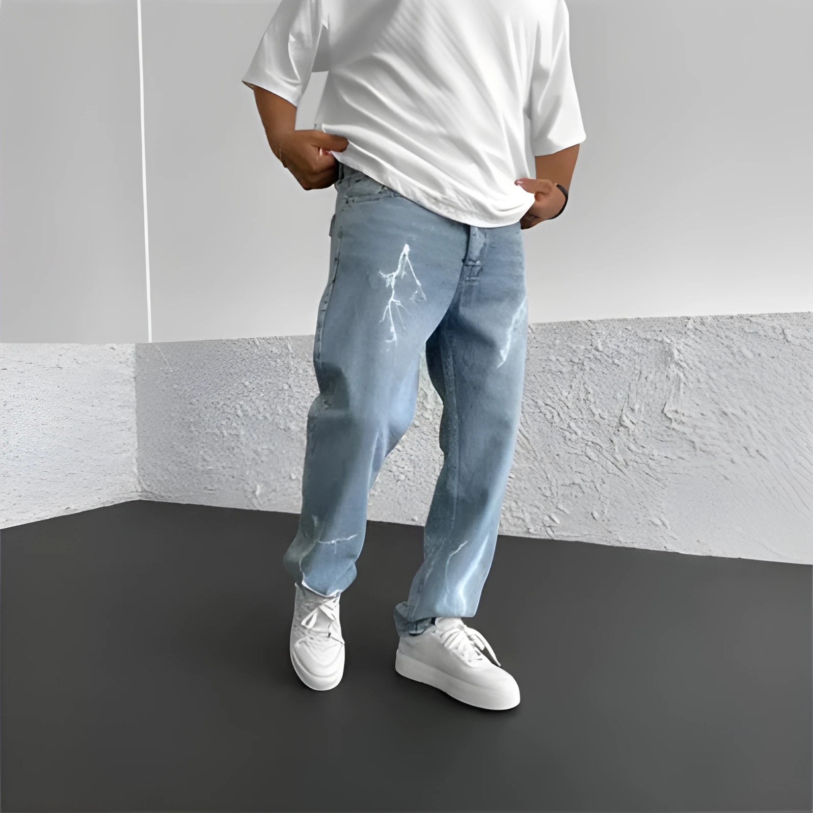 Blue men's straight-leg denim jeans with mid-waist design and zipper fly closure