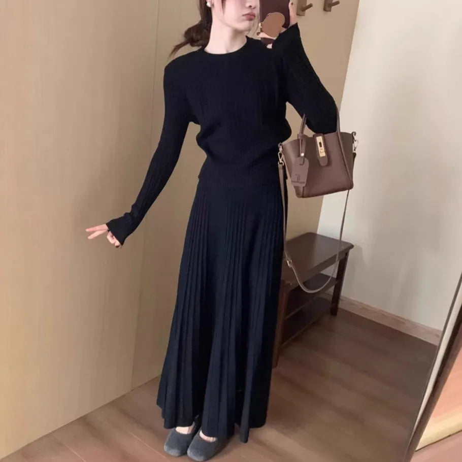 Dark grey knitted dress suit two-piece set with 3D effect pattern ethnic style